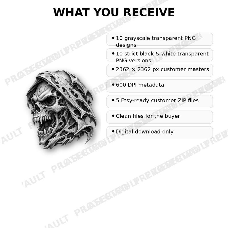 Puede incluir: Un gr&aacute;fico digital de una calavera encapuchada con dientes afilados, acompa&ntilde;ado del texto: WHAT YOU RECEIVE, 10 grayscale transparent PNG designs, 10 strict black & white transparent PNG versions, 2362 x 2362 px customer masters, 600 DPI metadata, 5 Etsy-ready customer ZIP files, Clean files for the buyer, Digital download only.