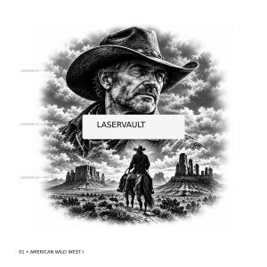Puede incluir: Un diseño gráfico en blanco y negro que presenta un retrato en primer plano de una persona con sombrero de vaquero sobre una escena de un jinete a caballo en un paisaje desértico con formaciones rocosas. El texto LASERVAULT está centrado.