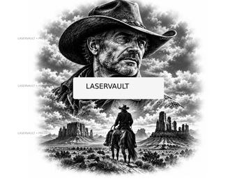 Op de afbeelding: Een zwart-wit grafisch ontwerp met een close-up portret van een persoon met een cowboyhoed boven een scène van een ruiter te paard in een woestijnlandschap met rotsformaties. De tekst LASERVAULT staat in het midden van de afbeelding.