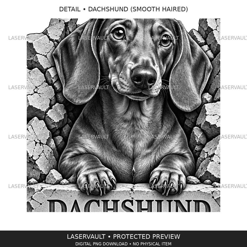 May include: A black and white digital illustration of a smooth-haired dachshund dog peeking through a cracked stone wall. The dog has large, expressive eyes and floppy ears. The word DACHSHUND is printed in bold, capital letters on the stone ledge.