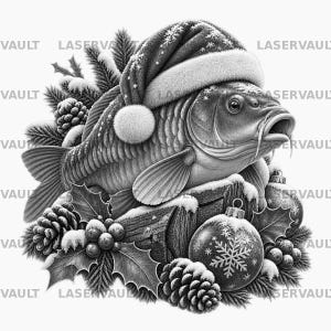 Puede incluir: Una ilustraci&oacute;n en blanco y negro de una carpa con un gorro de Pap&aacute; Noel, rodeada de ramas de pino, pi&ntilde;as, hojas de acebo, bayas y adornos navide&ntilde;os con patrones de copos de nieve. El texto LASERVAULT se repite en el fondo.