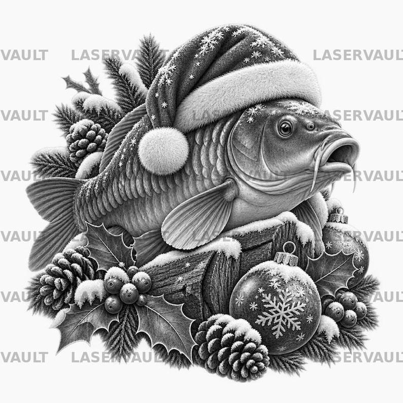 Puede incluir: Una ilustraci&oacute;n en blanco y negro de una carpa con un gorro de Pap&aacute; Noel, rodeada de ramas de pino, pi&ntilde;as, hojas de acebo, bayas y adornos navide&ntilde;os con patrones de copos de nieve. El texto LASERVAULT se repite en el fondo.