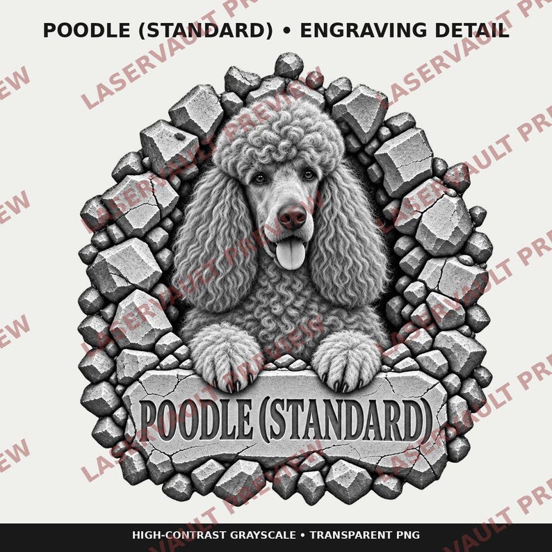 K&ouml;nnte beinhalten: Eine Graustufengrafik eines Standardpudels mit lockigem Fell, umrahmt von einer Bord&uuml;re aus gezackten Steinbl&ouml;cken. Der Hund ruht seine Pfoten auf einer zentralen Steinplatte mit der Gravur POODLE (STANDARD). Oben steht POODLE (STANDARD) &bull; ENGRAVING DETAIL.