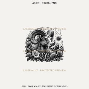 Puede incluir: Un gr&aacute;fico digital en blanco y negro que muestra un carnero con grandes cuernos curvados, rodeado de flores, hojas y una cadena monta&ntilde;osa. El s&iacute;mbolo del zodiaco Aries est&aacute; centrado debajo del carnero, con estrellas y una luna de fondo. El texto dice ARIES DIGITAL PNG.