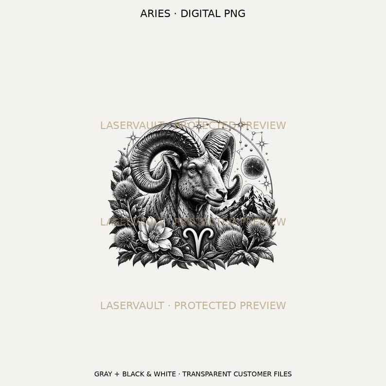 Puede incluir: Un gr&aacute;fico digital en blanco y negro que muestra un carnero con grandes cuernos curvados, rodeado de flores, hojas y una cadena monta&ntilde;osa. El s&iacute;mbolo del zodiaco Aries est&aacute; centrado debajo del carnero, con estrellas y una luna de fondo. El texto dice ARIES DIGITAL PNG.