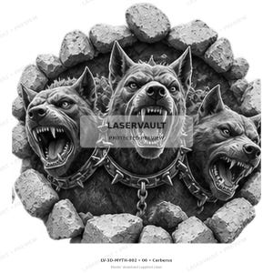 May include: A black and white graphic illustration of a three-headed dog with spiked collars emerging from a circular stone wall opening. The central head faces forward with bared teeth, flanked by two snarling heads. Text reads LASERVAULT.