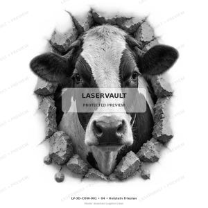 May include: A black and white graphic illustration of a Holstein Friesian cow head emerging through a cracked, broken wall. The text LASERVAULT PROTECTED PREVIEW is centered over the cow, with LV-3D-COW-001 04 Holstein Friesian at the bottom.