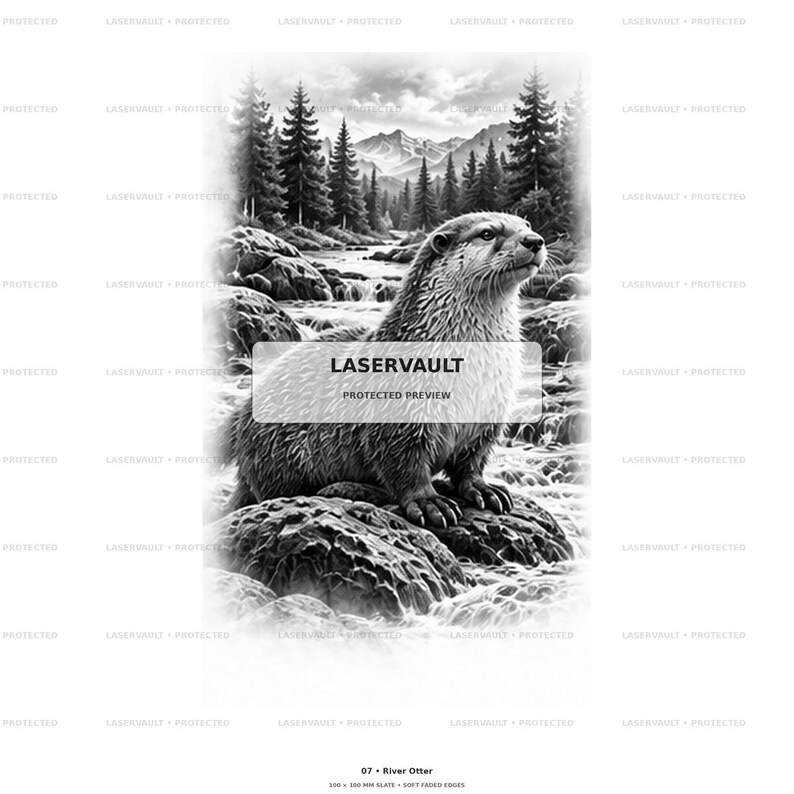 Op de afbeelding: Een zwart-witillustratie van een rivierotter die op een rots in een stromende beek staat. De achtergrond toont een dicht dennenbos en bergen. De tekst LASERVAULT PROTECTED PREVIEW is gecentreerd over de afbeelding van de otter geplaatst.