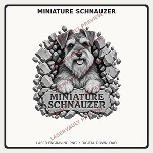 Op de afbeelding: Een zwart-witte digitale illustratie van een Dwergschnauzer die door een gat in een stenen muur kijkt. De hond heeft een vrolijke uitdrukking met de tong uit de bek. Onder de hond bevindt zich een stenen plaquette met de tekst MINIATURE SCHNAUZER.