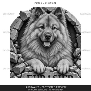 May include: A black and white digital illustration of a fluffy Eurasier dog peering through a circular hole in a brick wall. The dog has a friendly expression with its tongue slightly out. The text "DETAIL &bull; EURASIER" appears at the top.