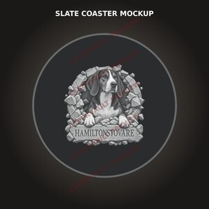 May include: A circular slate coaster featuring a monochromatic illustration of a Hamiltonstovare dog emerging from a broken stone wall. The text HAMILTONSTOVARE is printed in a stone-like font at the base of the dog. The background is dark gray.