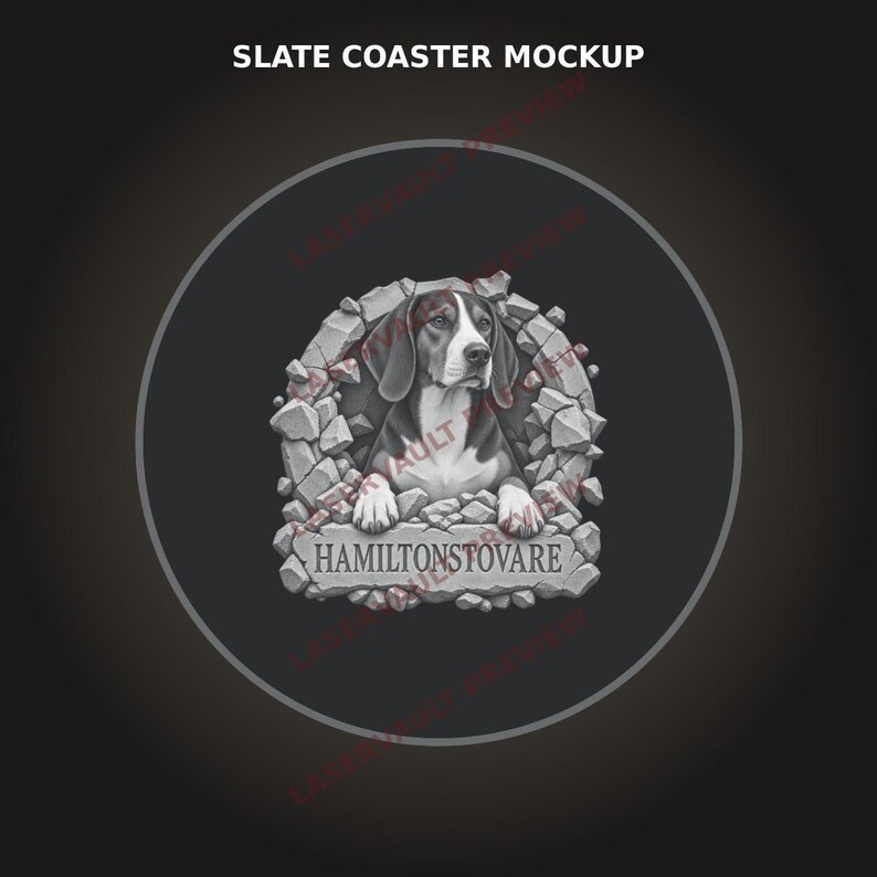 May include: A circular slate coaster featuring a monochromatic illustration of a Hamiltonstovare dog emerging from a broken stone wall. The text HAMILTONSTOVARE is printed in a stone-like font at the base of the dog. The background is dark gray.
