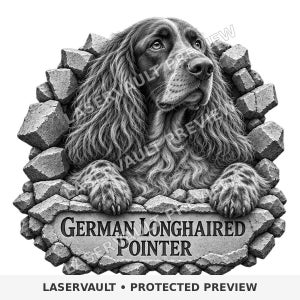 May include: A black and white illustration of a German Longhaired Pointer dog peering through a hole in a stone wall. The dog has long, wavy fur and is resting its front paws on a stone plaque that reads GERMAN LONGHAIRED POINTER in black text.
