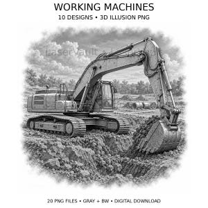 Puede incluir: Una ilustración digital en blanco y negro de una excavadora cavando en un montón de tierra. El texto dice: WORKING MACHINES, 10 DESIGNS, 3D ILLUSION PNG, 20 PNG FILES, GRAY + BW, DIGITAL DOWNLOAD. La escena muestra un fondo de obra en construcción.