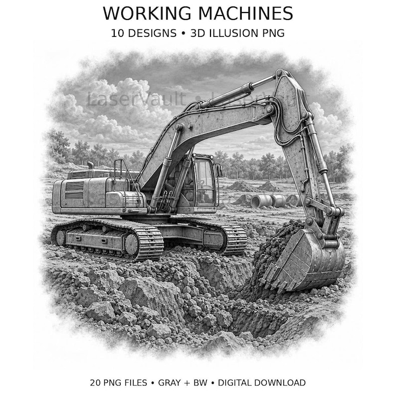 May include: A black and white digital illustration of an excavator digging into a dirt mound. The text reads: WORKING MACHINES, 10 DESIGNS, 3D ILLUSION PNG, 20 PNG FILES, GRAY + BW, DIGITAL DOWNLOAD. The scene features a construction site background.