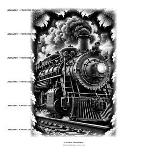 Op de afbeelding: Een zwart-witillustratie van een klassieke stoomtrein die dikke rook uit de schoorsteen uitstoot. De trein heeft een opvallende koplamp en een koeienvanger, tegen een donkere, getextureerde achtergrond met de tekst LASERVAULT PROTECTED PREVIEW herhaald aan de linkerkant en 03 Classic Steam Engine onderaan.