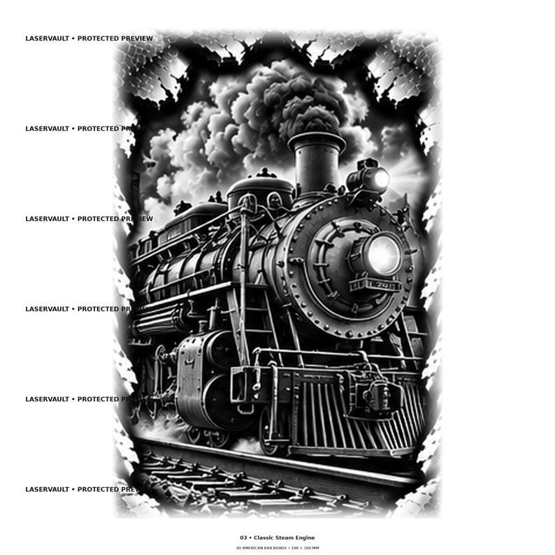 Op de afbeelding: Een zwart-witillustratie van een klassieke stoomtrein die dikke rook uit de schoorsteen uitstoot. De trein heeft een opvallende koplamp en een koeienvanger, tegen een donkere, getextureerde achtergrond met de tekst LASERVAULT PROTECTED PREVIEW herhaald aan de linkerkant en 03 Classic Steam Engine onderaan.