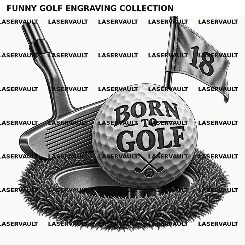 以下が含まれることがあります： BORN TO GOLFの文字が入ったゴルフボール、パター、18番の旗が描かれた白黒のグラフィックイラスト。ゴルフボールは質感のある芝生に囲まれたホールのすぐ上に配置されています。上部にはFUNNY GOLF ENGRAVING COLLECTIONというテキストが表示されています。