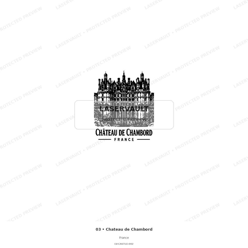 Puede incluir: Una ilustraci&oacute;n gr&aacute;fica en blanco y negro del Ch&acirc;teau de Chambord en Francia. El dise&ntilde;o presenta la silueta arquitect&oacute;nica detallada del castillo con el texto LASERVAULT, CH&Acirc;TEAU DE CHAMBORD y FRANCE impreso debajo.