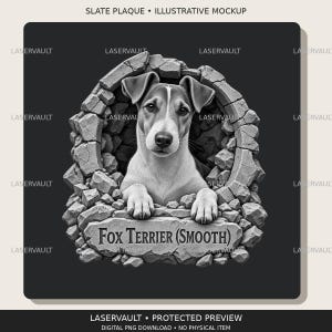 May include: A black and white graphic design featuring a smooth fox terrier peering through a circular hole in a stone wall. The dog rests its front paws on a stone ledge below, which is engraved with the text FOX TERRIER (SMOOTH).