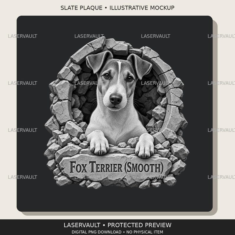 May include: A black and white graphic design featuring a smooth fox terrier peering through a circular hole in a stone wall. The dog rests its front paws on a stone ledge below, which is engraved with the text FOX TERRIER (SMOOTH).
