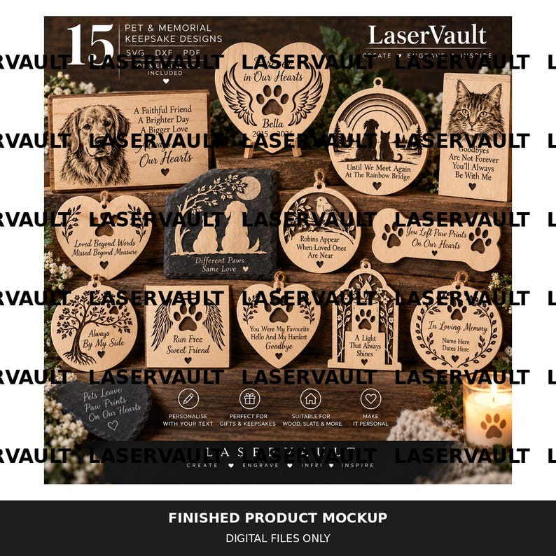 Op de afbeelding: Een collectie van 15 lasergegraveerde huisdierherinneringen van hout en leisteen, met diverse vormen zoals harten, cirkels en rechthoeken. De ontwerpen bevatten pootafdrukken, engelvleugels, bomen en teksten zoals In Our Hearts en Always By My Side.