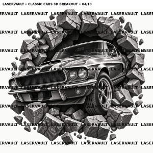 May include: A black and white graphic illustration titled LASERVAULT CLASSIC CARS 3D BREAKOUT 04/10, featuring a vintage muscle car emerging from a shattered stone wall. The car has dual headlights, a front grille, and racing stripes on the hood.