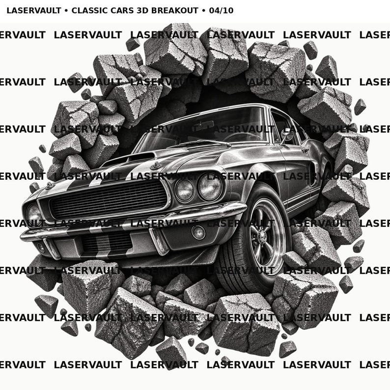 May include: A black and white graphic illustration titled LASERVAULT CLASSIC CARS 3D BREAKOUT 04/10, featuring a vintage muscle car emerging from a shattered stone wall. The car has dual headlights, a front grille, and racing stripes on the hood.