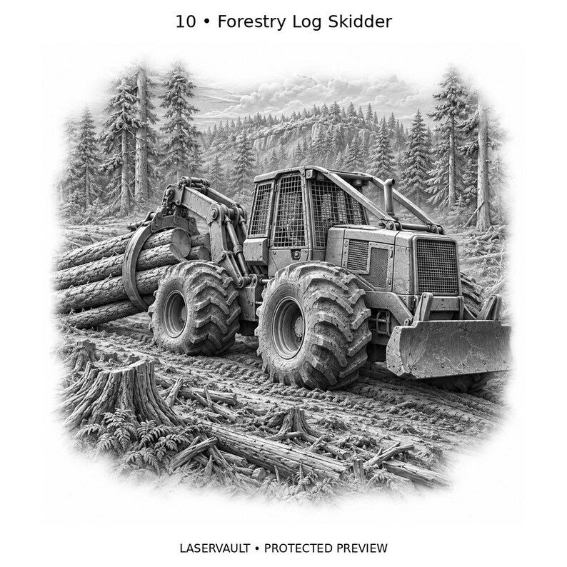 May include: A black and white illustration of a forestry log skidder with large treaded tires, a front blade, and a grapple holding logs. The text 10 Forestry Log Skidder appears at the top, and LASERVAULT PROTECTED PREVIEW is at the bottom.