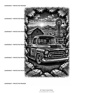 Puede incluir: Una ilustraci&oacute;n gr&aacute;fica en blanco y negro de una camioneta cl&aacute;sica estacionada frente a un granero y un molino de viento. La escena est&aacute; enmarcada por un borde texturizado similar a la piedra. El texto LASERVAULT PROTECTED PREVIEW aparece a la izquierda.