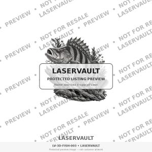 Puede incluir: Una ilustraci&oacute;n digital en blanco y negro de un pez con marcas a rayas, situado sobre una base rocosa con plantas acu&aacute;ticas. Un recuadro rectangular contiene el texto LASERVAULT PROTECTED LISTING PREVIEW. El fondo presenta texto repetido.