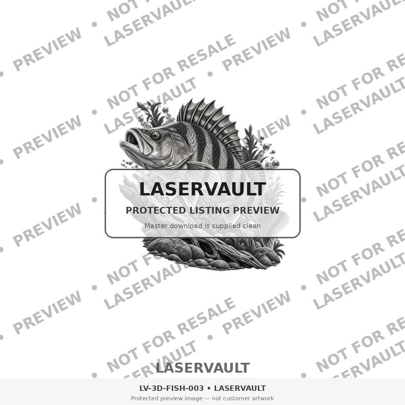 Puede incluir: Una ilustraci&oacute;n digital en blanco y negro de un pez con marcas a rayas, situado sobre una base rocosa con plantas acu&aacute;ticas. Un recuadro rectangular contiene el texto LASERVAULT PROTECTED LISTING PREVIEW. El fondo presenta texto repetido.