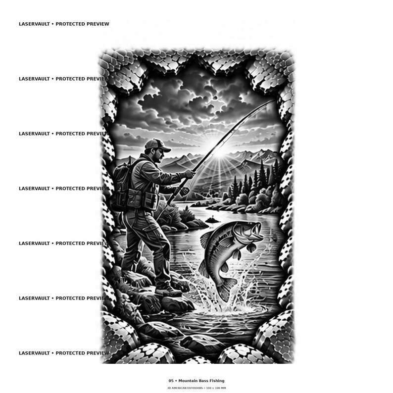 May include: A black and white graphic illustration featuring a person fishing by a river with mountains in the background. A bass jumps out of the water near the person. The text LASERVAULT PROTECTED PREVIEW appears repeatedly on the left side.