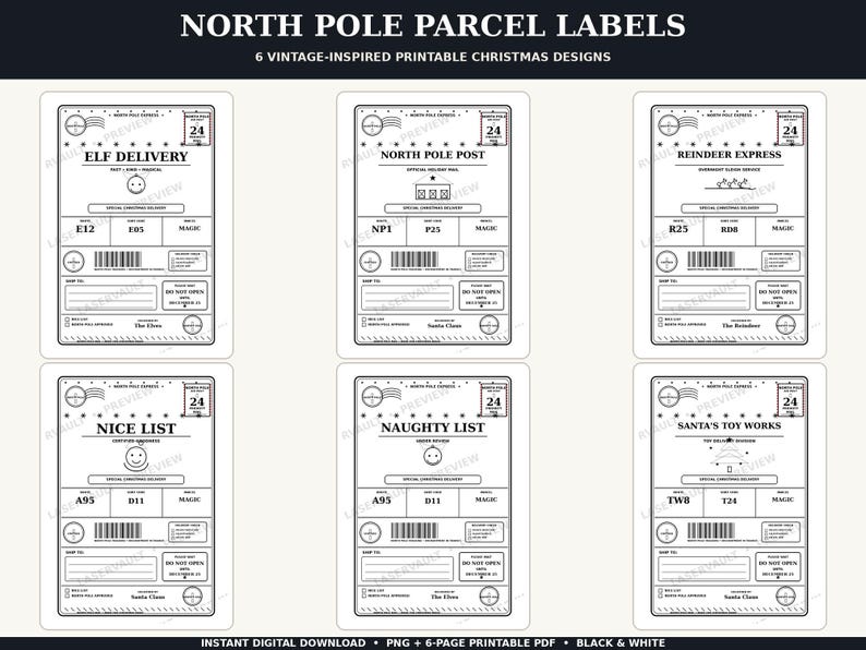 Peut inclure: Six &eacute;tiquettes de colis imprimables en noir et blanc intitul&eacute;es North Pole Parcel Labels. Chaque &eacute;tiquette rectangulaire comporte un cachet de la poste, un tampon de date 24, un code-barres et du texte incluant Elf Delivery, North Pole Post, Reindeer Express, Nice List, Naughty List et Santa's Toy Works.