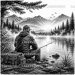 Puede incluir: Una ilustraci&oacute;n en blanco y negro de una persona con gorra y chaqueta, sentada en una roca junto a un lago pescando con ca&ntilde;a. Una bolsa de pesca y una red est&aacute;n cerca. La escena muestra un amanecer sobre monta&ntilde;as lejanas y &aacute;rboles de pino.