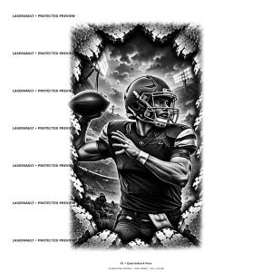 May include: A black and white graphic illustration of a football player in a helmet throwing a football. The scene is framed by a jagged, textured border. The text LASERVAULT PROTECTED PREVIEW appears repeatedly on the left, with 01 QUARTERBACK PASS below.