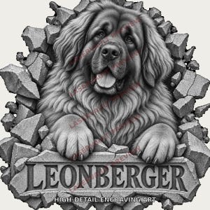 Op de afbeelding: Een zwart-witte grafische illustratie van een Leonberger-hond die uit een gebroken stenen muur tevoorschijn komt. De hond heeft een dikke vacht en een open bek. Onder de hond staat het woord LEONBERGER in een stenen plaat gegraveerd.