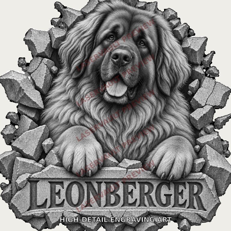 Op de afbeelding: Een zwart-witte grafische illustratie van een Leonberger-hond die uit een gebroken stenen muur tevoorschijn komt. De hond heeft een dikke vacht en een open bek. Onder de hond staat het woord LEONBERGER in een stenen plaat gegraveerd.