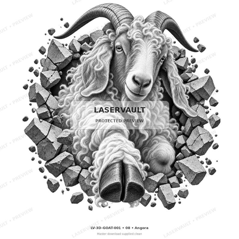 Op de afbeelding: Een zwart-witillustratie van een Angorageit met lange krullende vacht en gekromde hoorns, die uit een cirkelvormig gat in een stenen muur tevoorschijn komt. De afbeelding bevat de tekst LASERVAULT PROTECTED PREVIEW en LV-3D-GOAT-001 08 Angora.