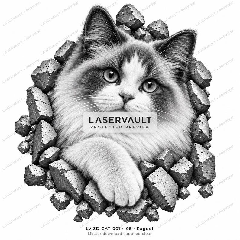 Puede incluir: Una ilustraci&oacute;n gr&aacute;fica en blanco y negro de un gato esponjoso mirando a trav&eacute;s de un agujero en un muro de piedra. El gato tiene ojos grandes y una pata extendida hacia adelante. El texto LASERVAULT PROTECTED PREVIEW est&aacute; centrado, con LV-3D-CAT-001 05 Ragdoll debajo.