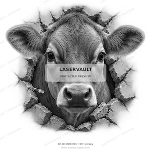 May include: A black and white graphic illustration of a cow head emerging from a cracked stone wall. The design features detailed shading and texture on the animal's face and ears, with the text LASERVAULT PROTECTED PREVIEW centered on the image.