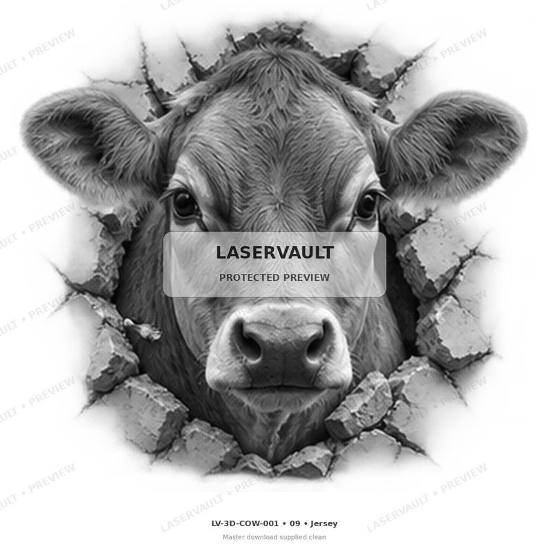 May include: A black and white graphic illustration of a cow head emerging from a cracked stone wall. The design features detailed shading and texture on the animal's face and ears, with the text LASERVAULT PROTECTED PREVIEW centered on the image.