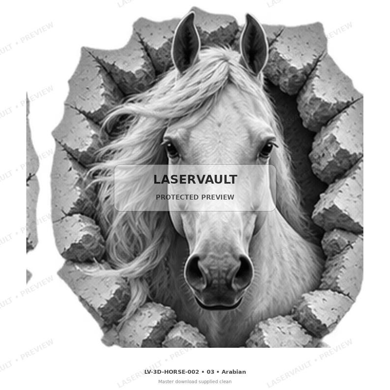 May include: A black and white graphic illustration of a horse head emerging from a cracked stone wall. The image features the text LASERVAULT PROTECTED PREVIEW in the centre and LV-3D-HORSE-002 03 Arabian Master download supplied clean below.