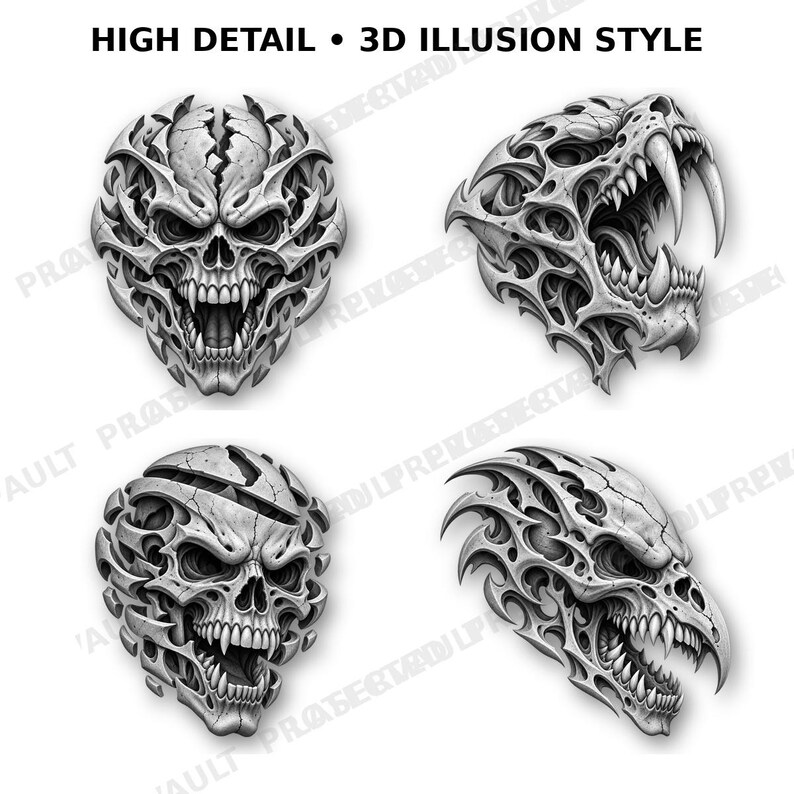 Puede incluir: Un conjunto de cuatro ilustraciones de estilo ilusi&oacute;n 3D de alto detalle que presentan cabezas de cr&aacute;neos y criaturas biomec&aacute;nicas monocrom&aacute;ticas en gris y blanco con dientes afilados, texturas agrietadas y formas org&aacute;nicas agresivas.