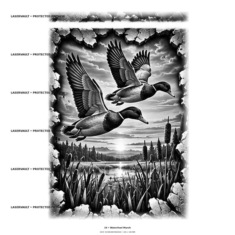 以下が含まれることがあります： 10 Waterfowl Marshと題された白黒のグラフィックプリント。湿地帯のガマと日の出の上空を飛ぶ2羽の鴨が描かれています。画像はひび割れた石の縁取りで囲まれており、LASERVAULT PROTECTED PREVIEWというテキストが含まれています。