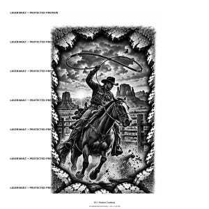 May include: A black and white graphic print featuring a cowboy on horseback swinging a lasso. The scene includes a desert landscape with rock formations, a fence, and a sunburst. The text LASERVAULT PROTECTED PREVIEW appears repeatedly.