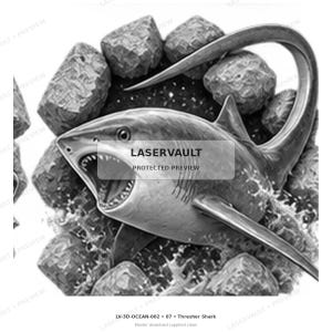 Op de afbeelding: Een zwart-witte grafische illustratie van een voshaai met open bek, omringd door grillige rotsen en opspattend water. De afbeelding bevat de tekst LASERVAULT PROTECTED PREVIEW en LV-3D-OCEAN-002 07 Thresher Shark.