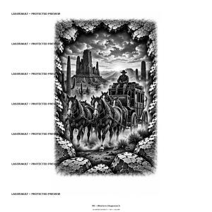 Puede incluir: Una ilustraci&oacute;n gr&aacute;fica en blanco y negro de una diligencia tirada por cuatro caballos a trav&eacute;s de un paisaje des&eacute;rtico con cactus y formaciones rocosas. La escena est&aacute; enmarcada por un borde texturizado e incluye el texto LASERVAULT PROTECTED PREVIEW.