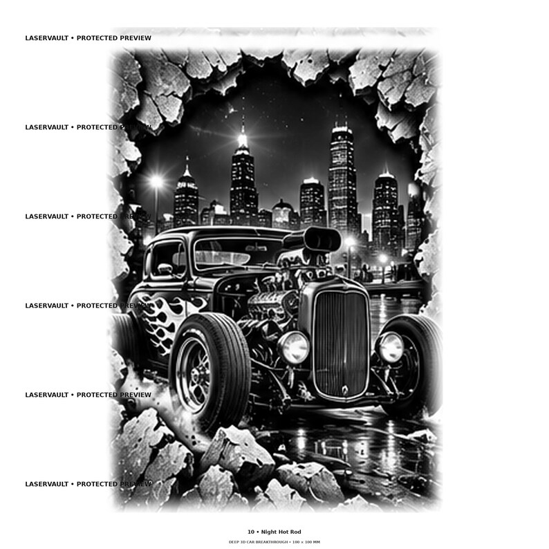 Może przedstawiać: Czarno-biała ilustracja graficzna samochodu typu hot rod z płomieniami na boku, na tle nocnej panoramy miasta. Scena jest otoczona poszarpaną, kamienną ramą. Widoczny jest tekst LASERVAULT PROTECTED PREVIEW.