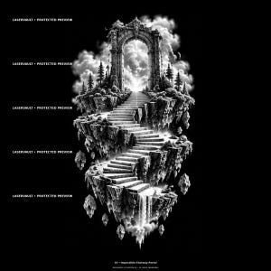 May include: A black and white graphic illustration featuring a floating island with a stone staircase leading to an arched portal. The scene includes pine trees, clouds, and cascading water. Text reads LASERVAULT PROTECTED PREVIEW and 10 Impossible Stairway Portal.